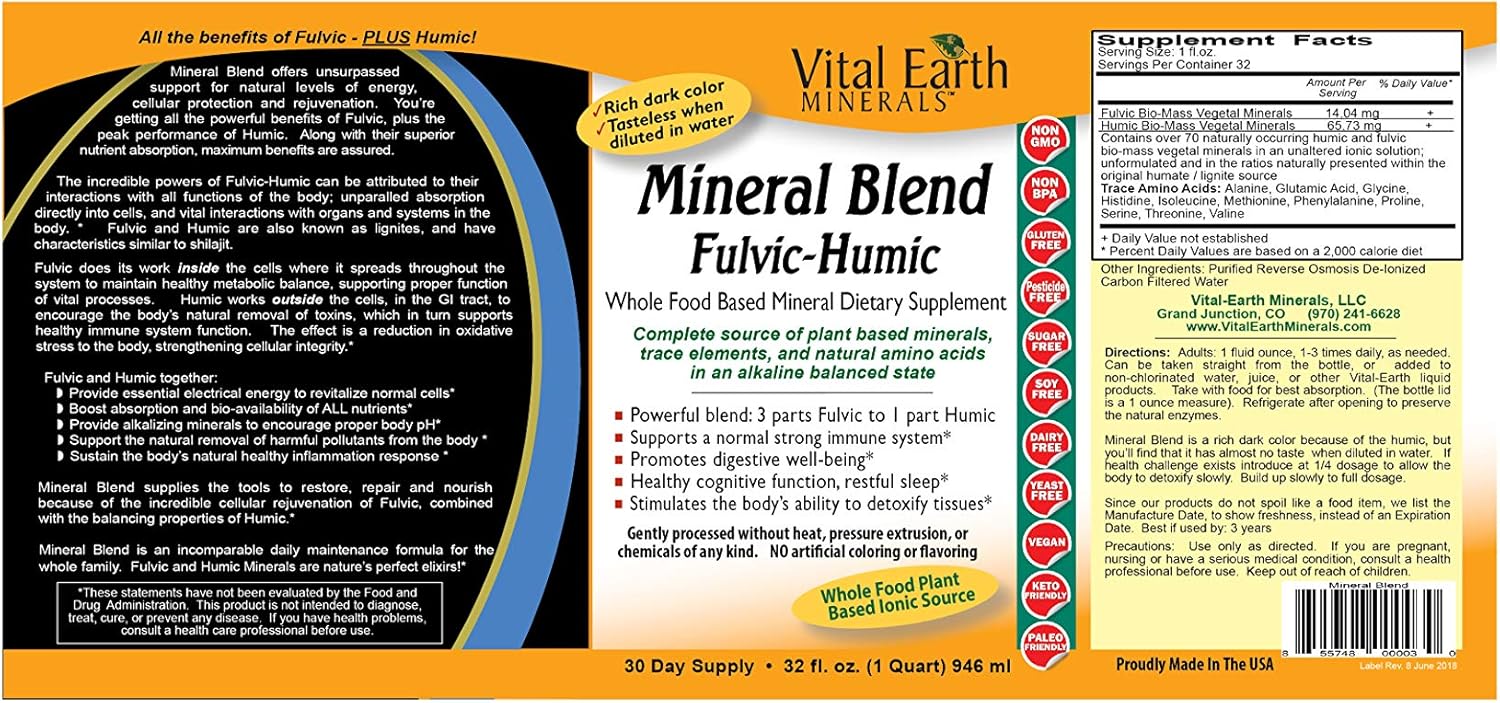 2 Pack of Vital Earth Minerals Mineral Blend Fulvic-Humic -32 Fl. Oz. - 1 Month Supply (Each) 64 oz total- Vegan Liquid Ionic Trace Mineral Multimineral Supplement - Almost Tasteless - Plant Based: Health & Personal Care