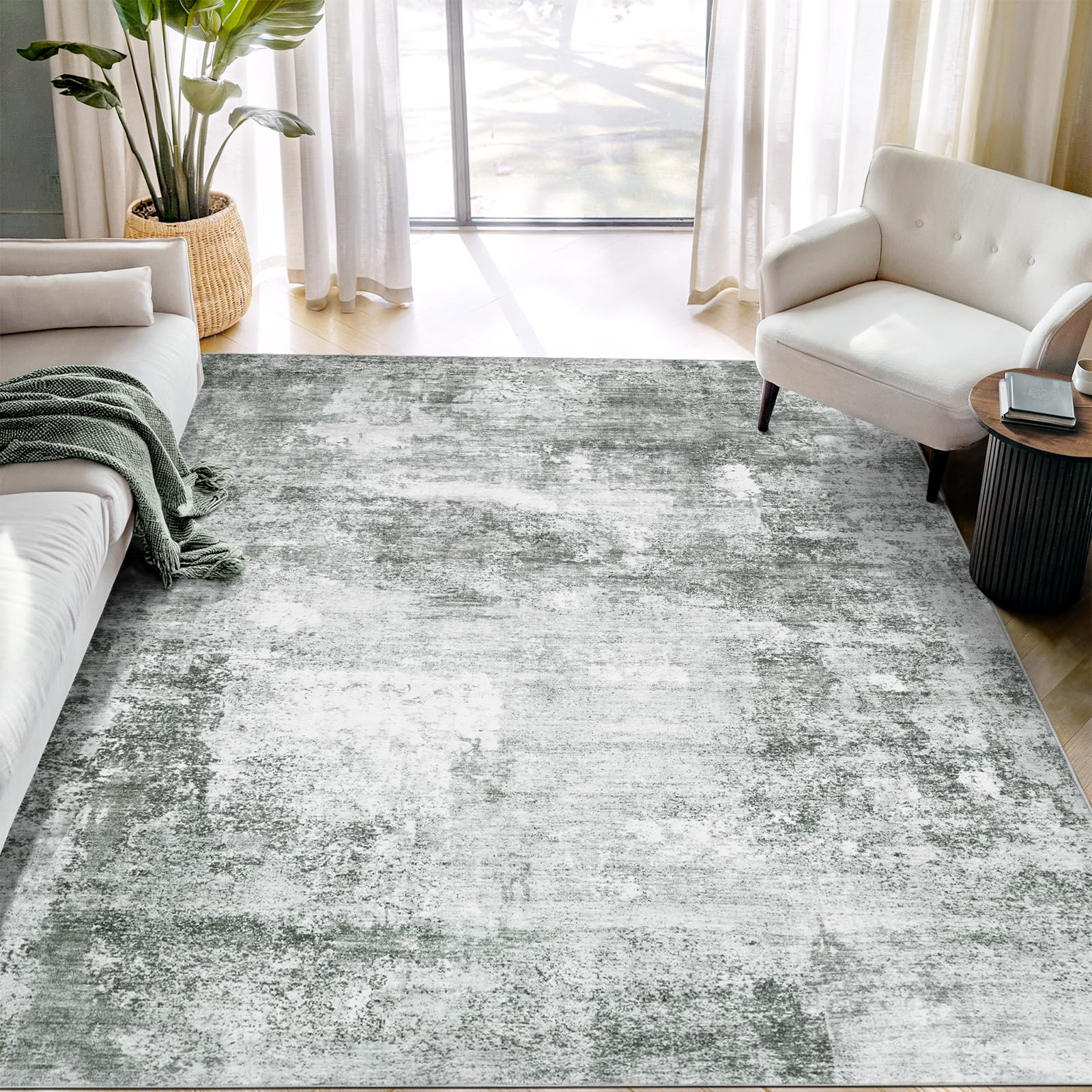 Photo 1 of AUKOW Abstract Washable Area Rug - 6x9 Large Living Room Rugs Soft Stain Resistant Non-Slip Low Pile Foldable Neutral Modern Carpet for Indoor Bedroom Dining Room Home Studio Office - Black/Grey