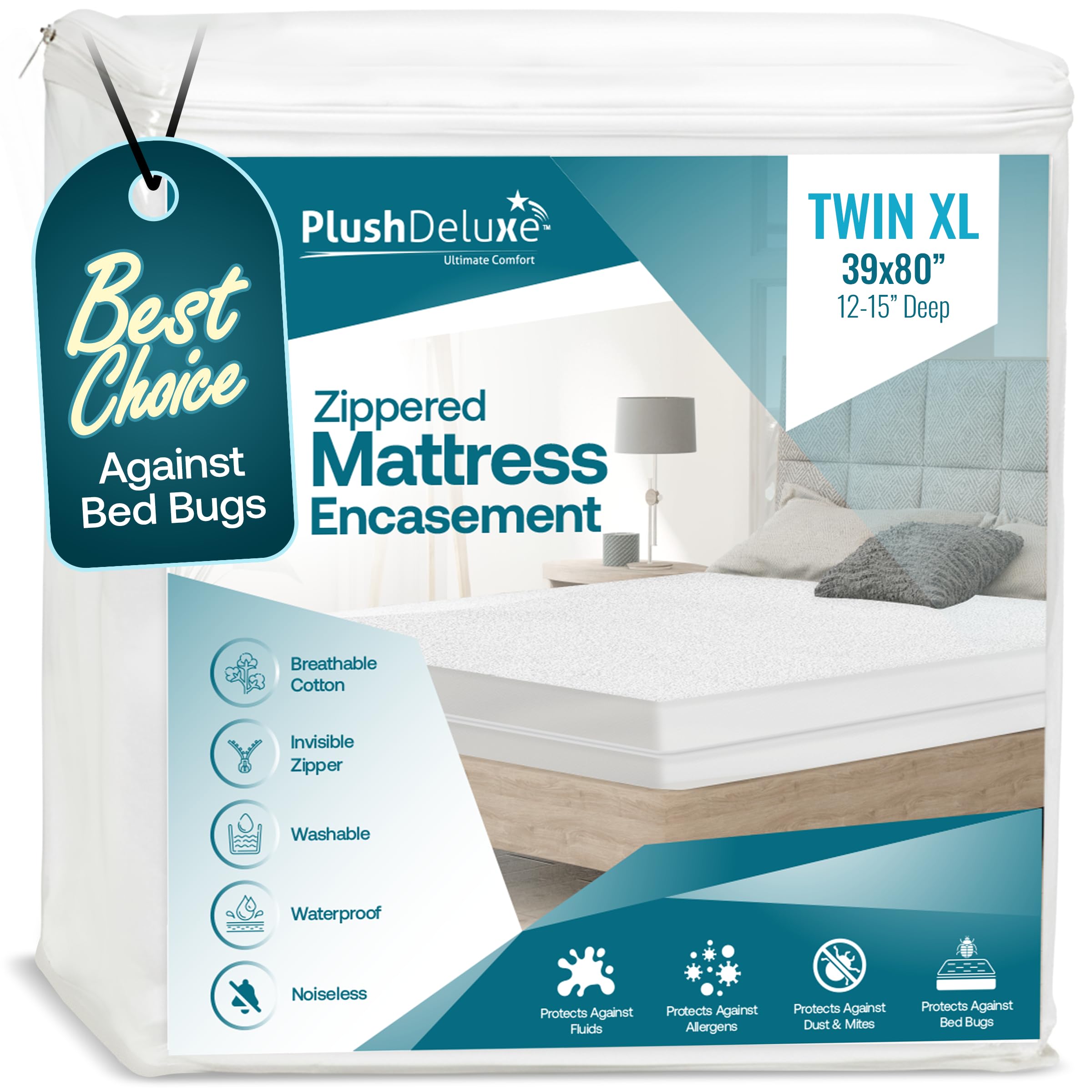 PlushDeluxe Zippered Mattress Encasement, Waterproof, Bed Bug & Dust Mite Proof 6-Sided Protector Cover, (Fits 9-12 Inches H) Twin XL