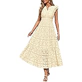 PRETTYGARDEN Womens Boho Maxi Dresses 2026 Summer Floral Lace Eyelet V Neck Spring Wedding Guest Dress Beach Vacation Clothes