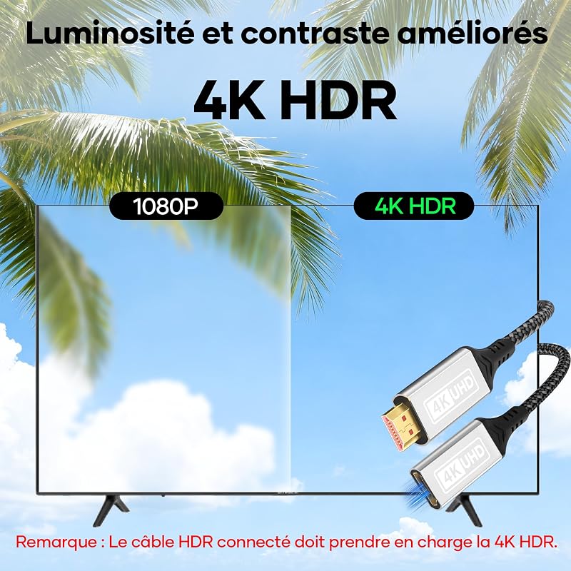 Câble d'extension HDMI 2.0,1m 4K@60Hz et 2K@144 Hz,câble en nylon tressé mâle vers femelle,haute vitesse 18 Gbit/s,UHD ARC HDR HDCP 2.2,compatible avec TV Stick,HDTV,PS5 et PS4. — photo 4 sur 7