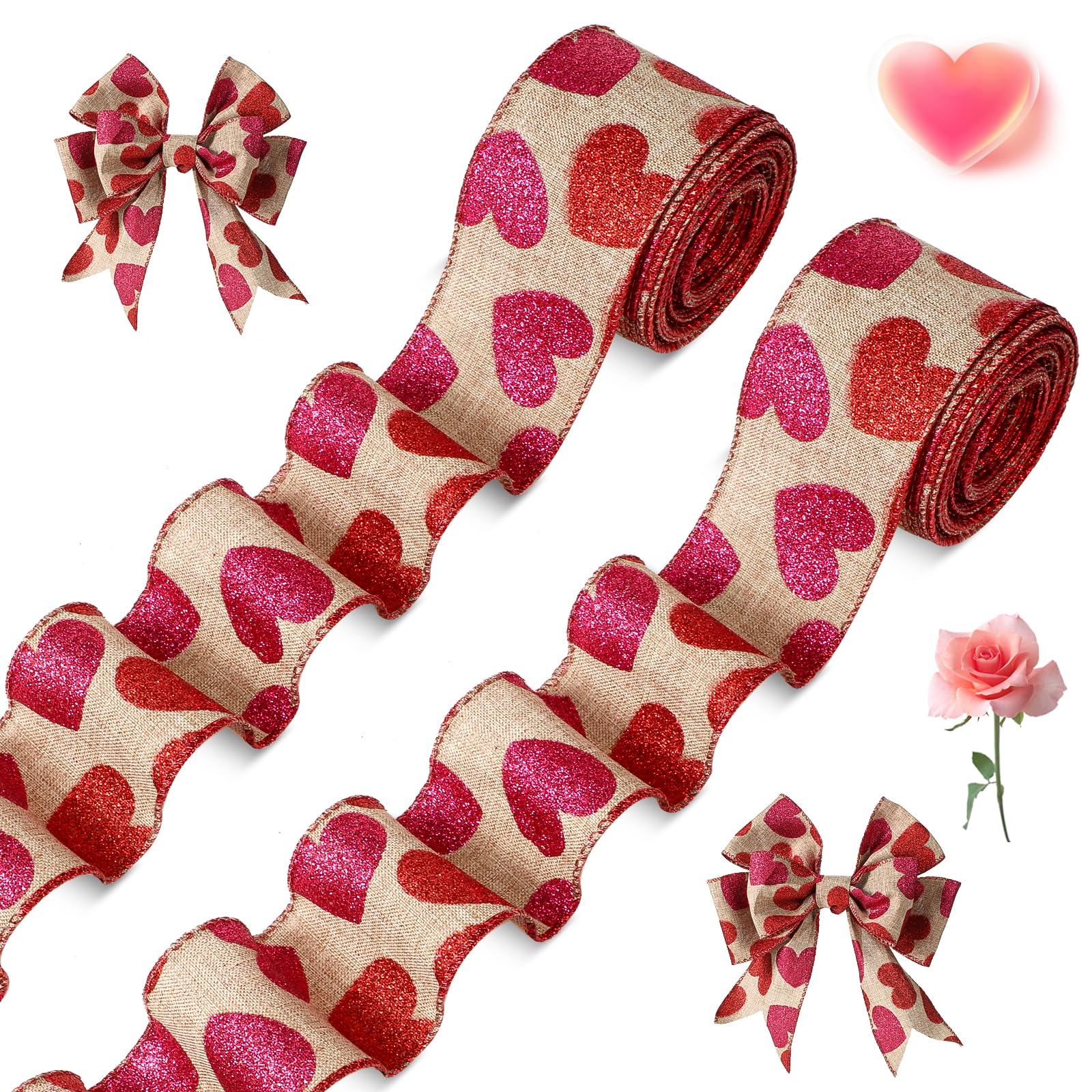 Photo 1 of 2 Roll 20 Yards Glitter Hearts Wired Edge Burlap Valentine Ribbon Valentine's Day Wired Ribbon for DIY Gift Wrapping Wreath Crafts Decoration(2 in,Natural, Red, Pink)