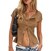 ZAFUL Women's Short Sleeve Shirt Crew Neck Button Down Cardigan T-Shirt Slim Fit Y2K Going Out Casual Fashion Tops