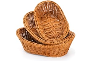 Yarlung 3 Pack Woven Breads Baskets, Oval Small Fruit Baskets Stackable Plastic Wicker Baskets for Serving Vegetables, Kitche