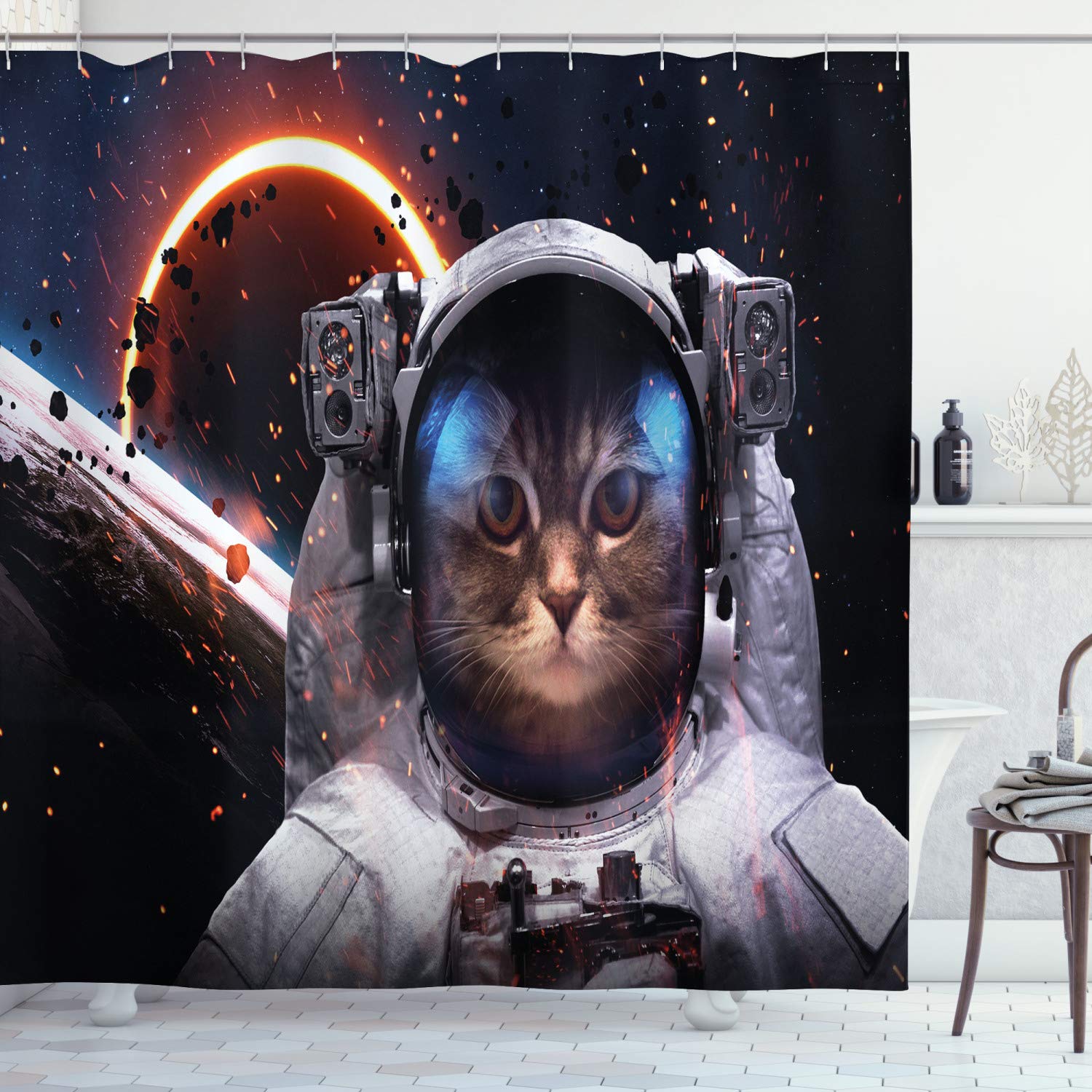 ABAKUHAUS Space Cat Shower Curtain, Cosmonaut in Comet Galaxy Clusters in Outer Space Cosmos Art Print, Cloth Fabric Bathroom Decor Set with Hooks, 86 Inches Extra Long, Dark Blue White