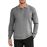Hardaddy Men's Ribbed Knit Sweater Casual Long Sleeve Polo Sweater Collared V Neck Polo Shirts Solid Pullover Tops