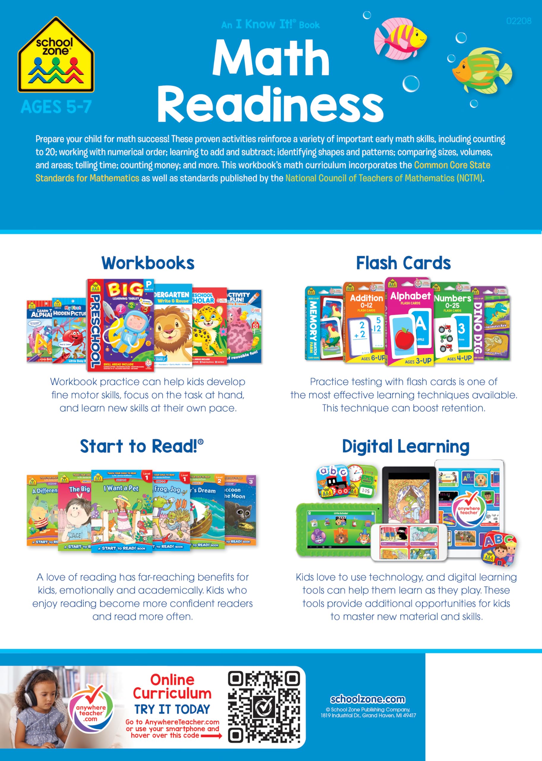 School Zone Math Readiness Workbook: 64 Pages, Kindergarten, 1st Grade, Telling Time, Counting Money, Addition, Subtraction, Ages 5 to 7 (I Know It! Book Series)