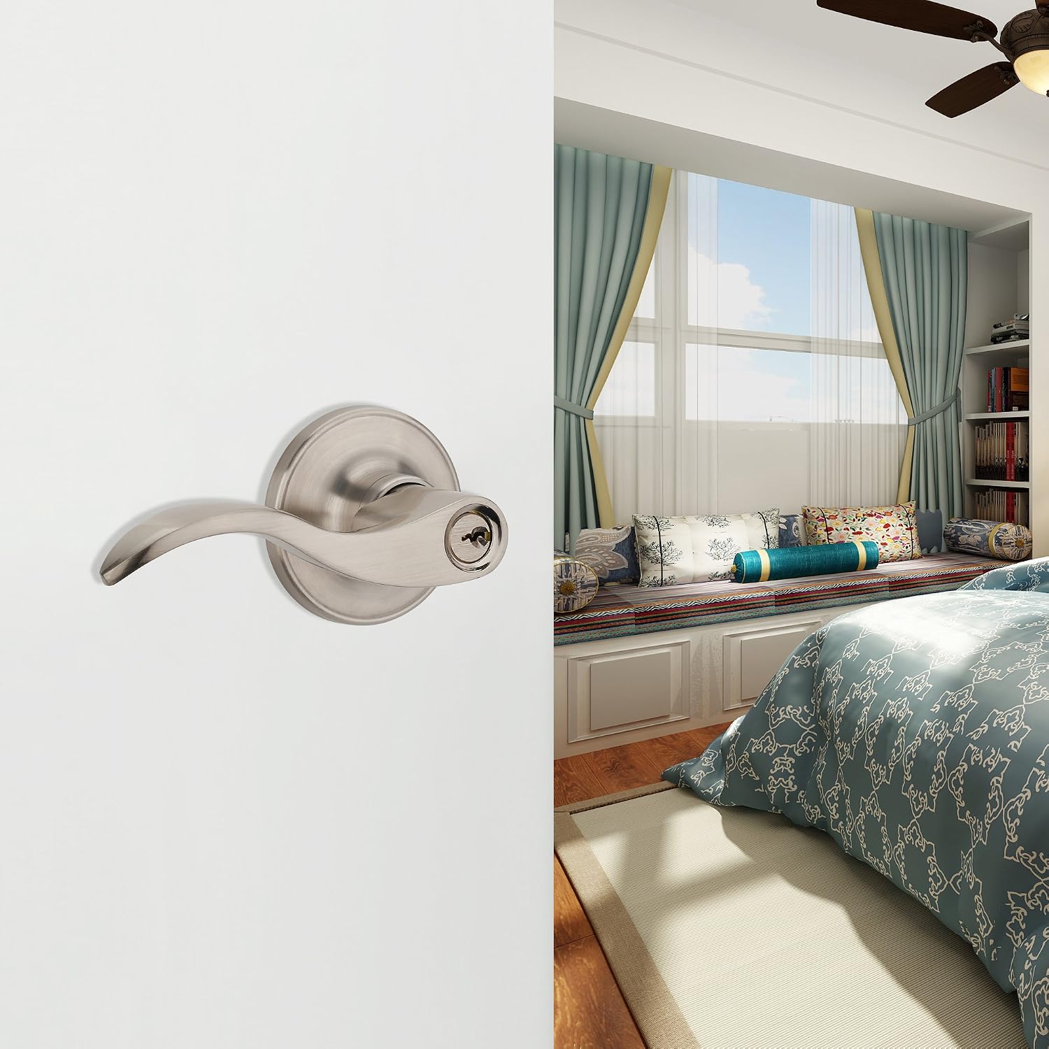 HAIFUAN Wave Style Lever Handle Entry Front Door Knob Leverset Lockset, Satin Nickel Finish(805-K-L), Satin Nickel,rose - Image 5