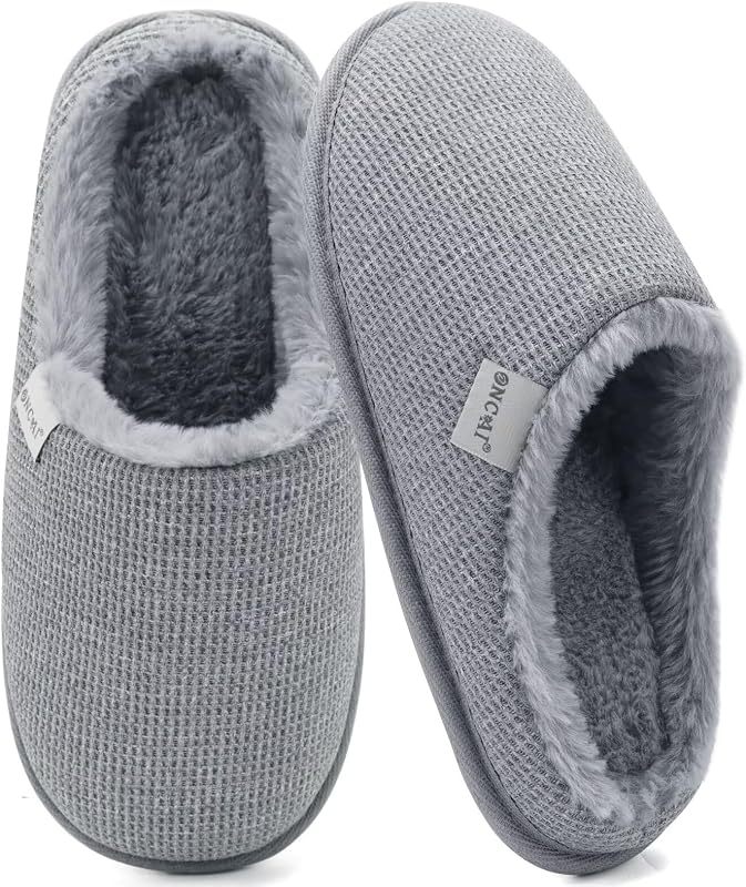 Damen Hausschuhe mit Memory Foam Waffel Oberteil Winter Warme Plüsch Pantoffeln für Damen 2025 Bequem Trendy Rutschfeste Haus Indoor Slide Slippers Schuhe Plüsch Grau Größe EU 36 — Foto 7 von 7