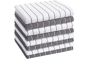 HYER KITCHEN Microfiber Kitchen Towels, Stripe Designed, Super Soft and Absorbent Dish Towels, Pack of 8, 18 x 26 Inch, Gray and White