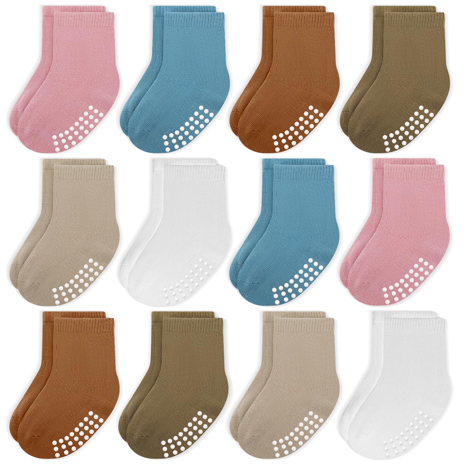 Photo 1 of JAKIDAR 12 Pack Baby Toddler Socks Non Slip Grip Cotton Crew Socks for Boys Girls Infants Kids, Pink Blue, 4-7 Years