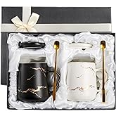 ZENFUN 2 Pack Ceramic Mug Set for Couple, Coffee Mugs with Gift Box, Engagement Wedding Gift 13.5 oz Porcelain Mug Set with Lid and Gold Spoon Marbling, His and Hers, Christmas( Black&White)