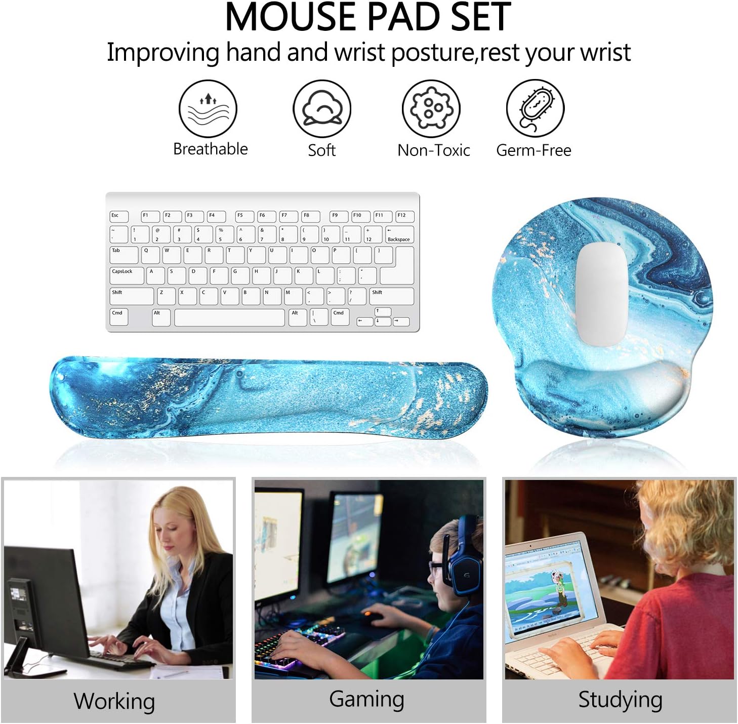HAOCOO Ergonomic Keyboard Wrist Rest Pad and Mouse Pad Wrist Support Set with Non-Slip Backing Memory Form-Filled, Easy-Typing and Pain Relief for Gaming Office Computer Laptop (Turquoise Marble) : Office Products
