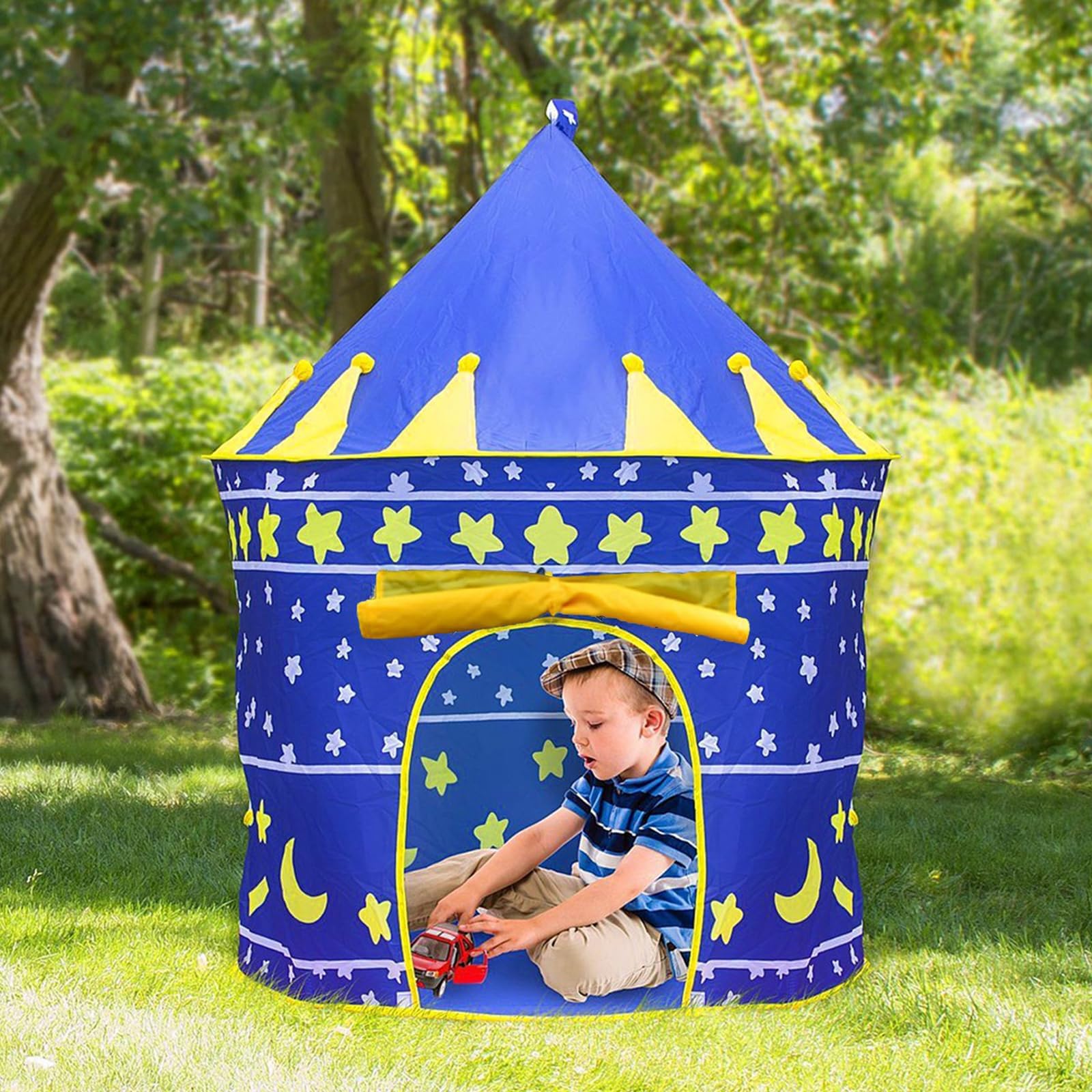 Kids Tent, Pop up Tents for Kids, Blue Play Tents Prince Castle, Print Cloth Mongolian Yurt Teepee Tent Indoor and Outdoor, Portable Play Tent for Kids Boys Toys (Blue)