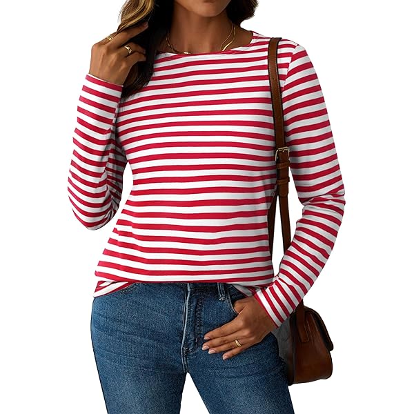 Remidoo Women Boat Neck Striped T-Shirt 3/4 Sleeve Tees Slim