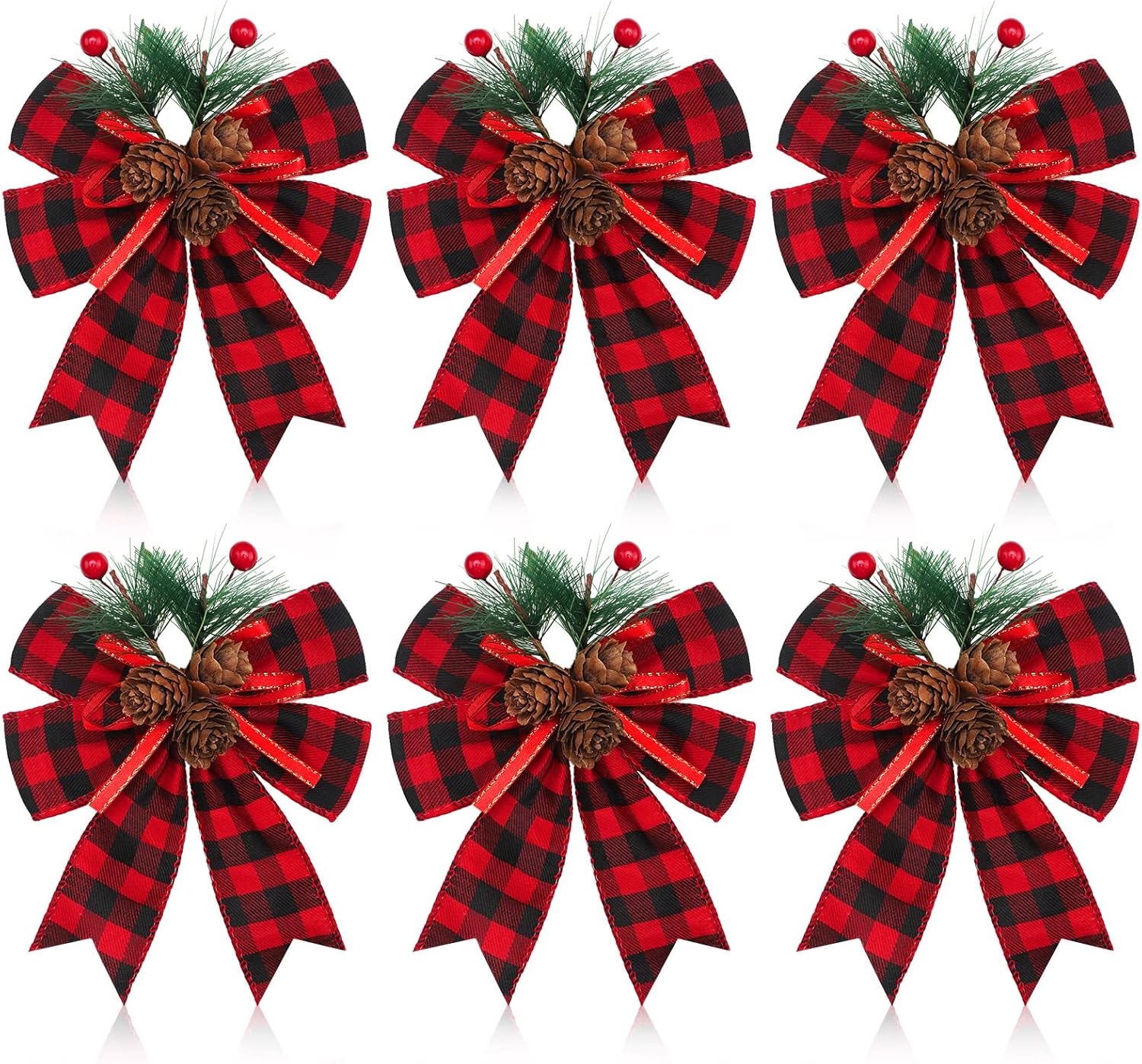 Bows & Ribbons - Syhood 6 Pieces Christmas Buffalo Plaid Bow Checkered Ribbon Bow with Pine Cone Christmas Tree Decoration Bows for Christmas Parties Christmas Trees Indoor Outdoor Crafts(Black and Red)