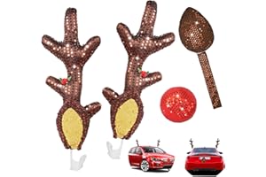 KissDate Christmas Reindeer Antlers for Cars, Car Christmas Decorations with Sequin Rudolph Reindeer Red Nose Tail, Xmas Costume for Any Car Accessories Decorations