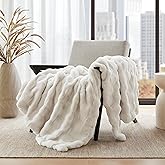 Madison Park Luxuriously Cozy Soft Long Faux Fur Throw Basketweave Blanket Reversible Soft & Snuggly Velvet Throw, Lightweight, Breathable Trendy Room Décor Summer Blanket, 50x60, Ivory