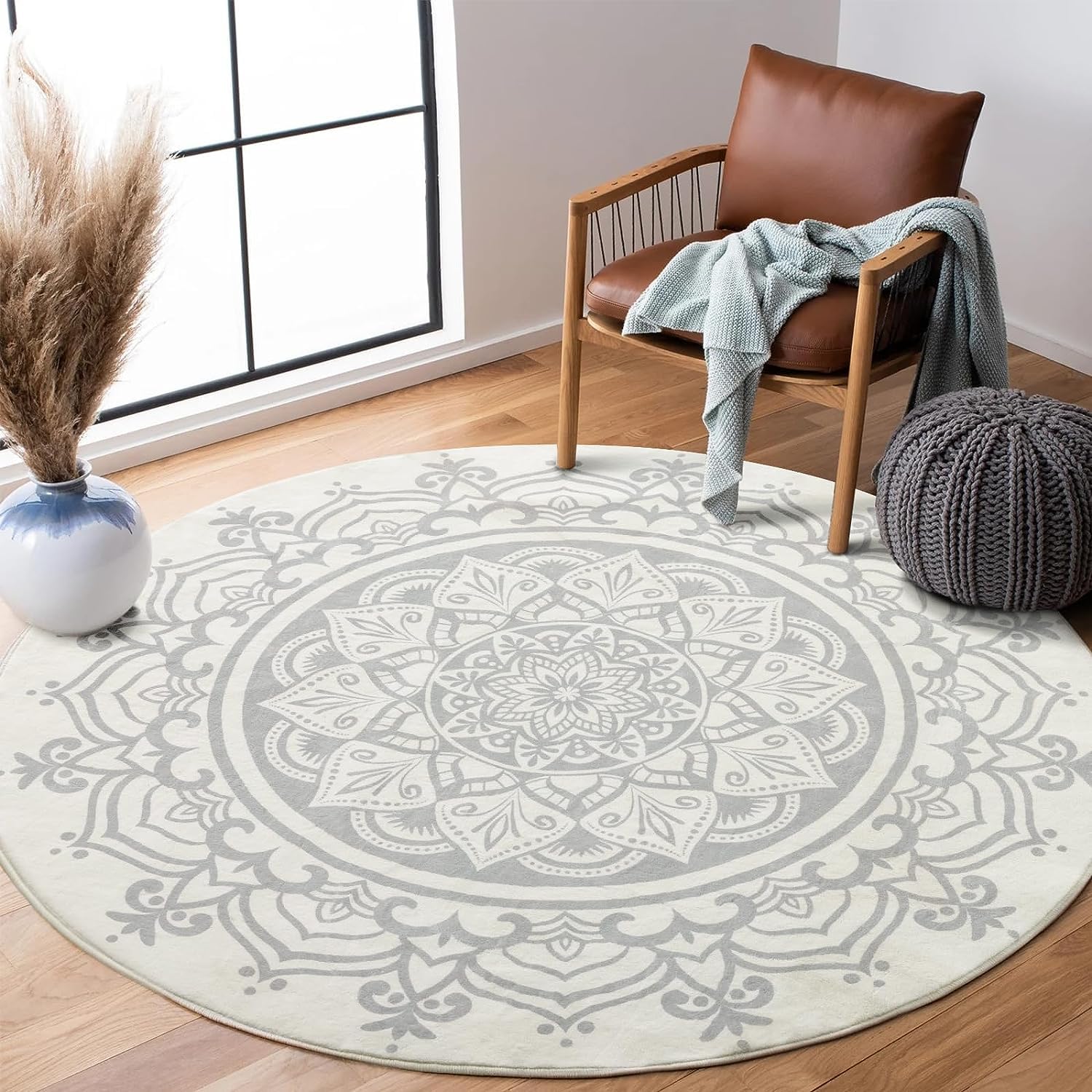 Carvapet Round Area Rug 120cm/4ft Soft Fluffy Circle Carpet Rug Short Pile Non Slip Washable Bohemian Mandala Floor Round Rugs for Living Room Bedroom(Grey Mandala)