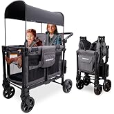 WonderFold W2 Elite Pro Stroller Wagon, Aluminum Frame, 4 Seater, Gray | Foldable Wagon with an Adjustable Canopy &amp; Push Handle, All-Terrain Wheels &amp; 5-Point Harnesses for Babies, Toddlers &amp; Kids