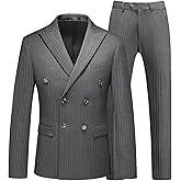 MOGU Mens Suits 3 Piece Double Breasted Suit Pinstripe Slim Fit Tuxedo Jacket Vest Pants for Business Wedding Prom
