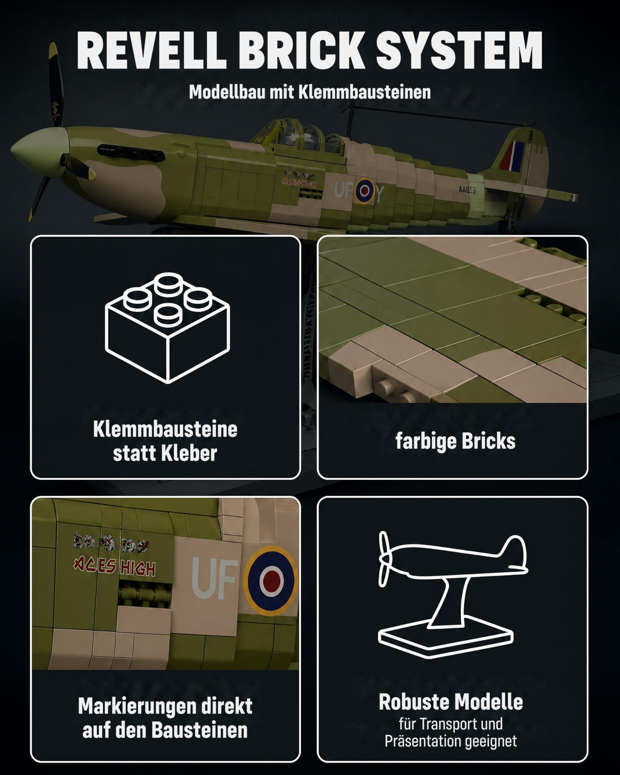 Revell Brick System Iron Maiden Spitfire MK.II Aces High | Klemmbaustein Set 1:18 mit 2802 Teilen | mit Eddie Pilot Figur, beweglichem Propeller & Cockpit | ab 18 Jahren 6