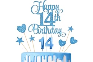 Lecferrarc 14th Birthday Cake Decorations, 14th Birthday Candles Cake Numeral Candles and Glitter Happy 14th Birthday Cake Toppers Set for Birthday Party Supplies (Blue)