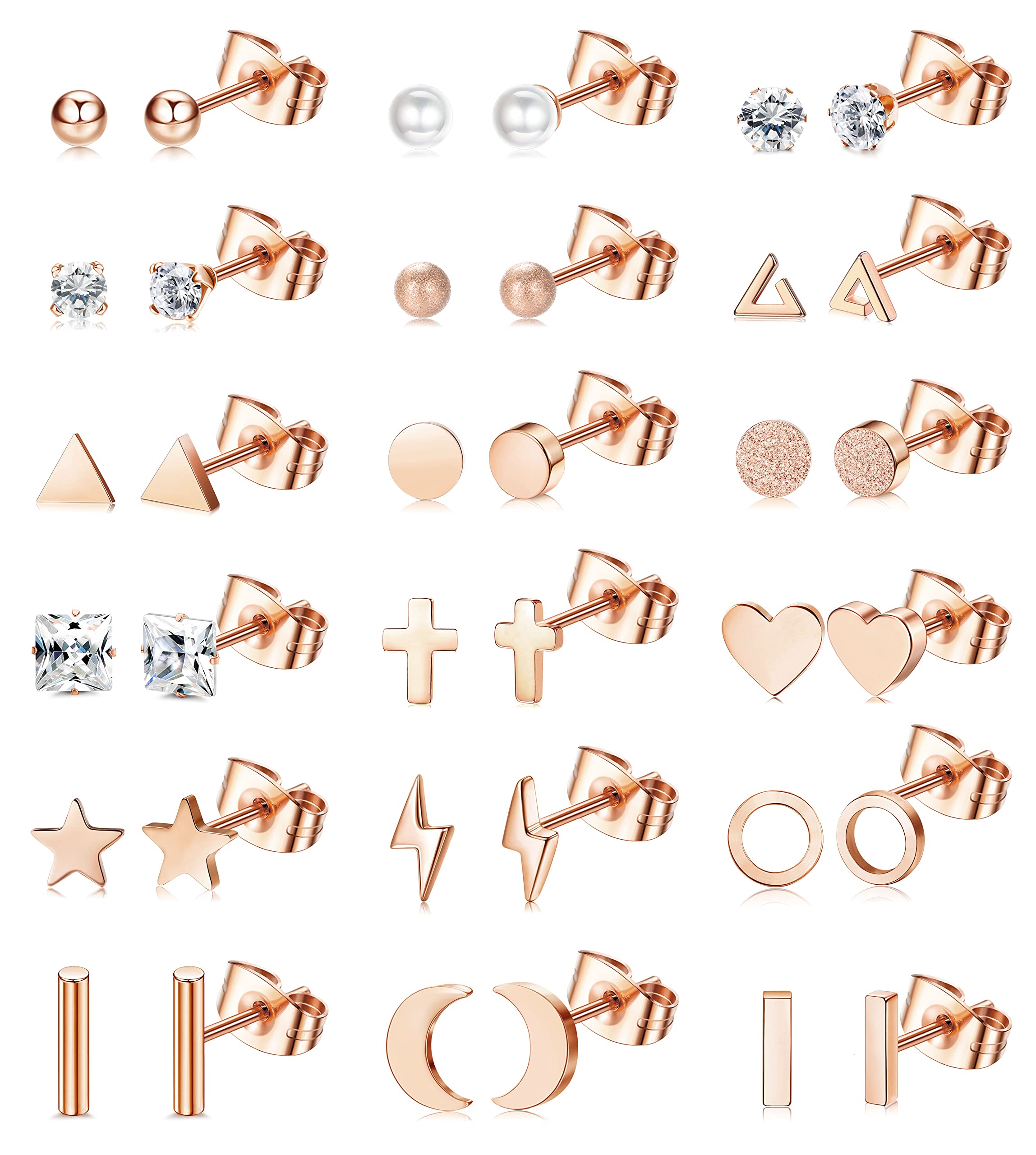 ORAZIO 18 Pairs Stud Earrings Set for Women Men 316L Stainless Steel Star Moon Heart CZ Disc 20G Cartilage Earrings Hypoallergenic Geometric Stud Earrings Piercing Jewellery rose gold