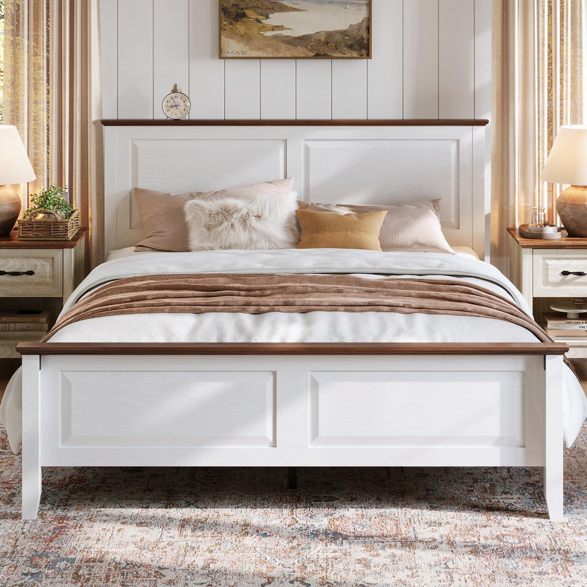 LINSY Farmhouse Bed Frame, Queen Bedframe with Headboard and Footboard ...