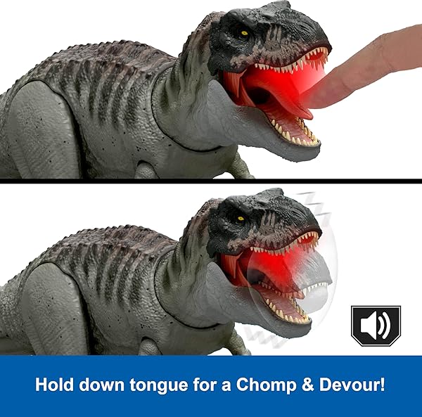 MATTEL JURASSIC WORLD REBIRTH POWER DEVOUR TYRANNOSAURUS REX DINOSAUR FIGURE WITH TONGUE ACTIVATED CONSTANT CHOMP, LIGHTS & SOUNDS, DIGITAL PLAY