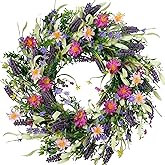 22 Inch Spring Summer Flower Wreaths for Front Door, Artificial Colorful Floral Door Wreaths with Lavender Daisies Green Leaves Farmhouse for Inside Outside Home Window Weeding Decor