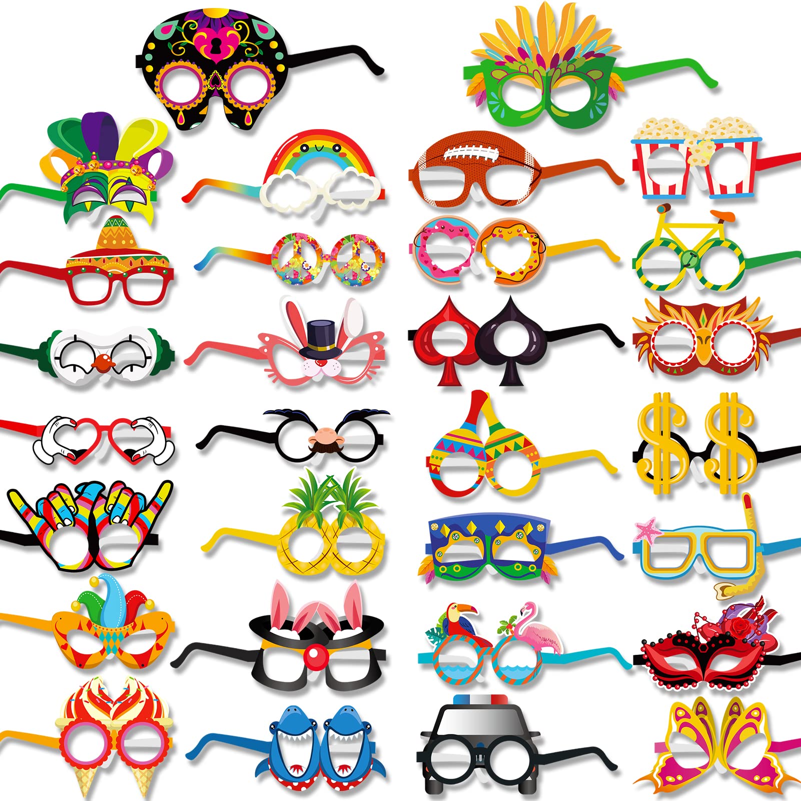 30Pcs Novelty Party Glasses Frame Funny Eyeglasses Photo Props Masquerade Masks Fancy Dress Costume Decoration for Adults Halloween Carnival Ball Birthday Mexican Summer Beach Luau Party Supplies