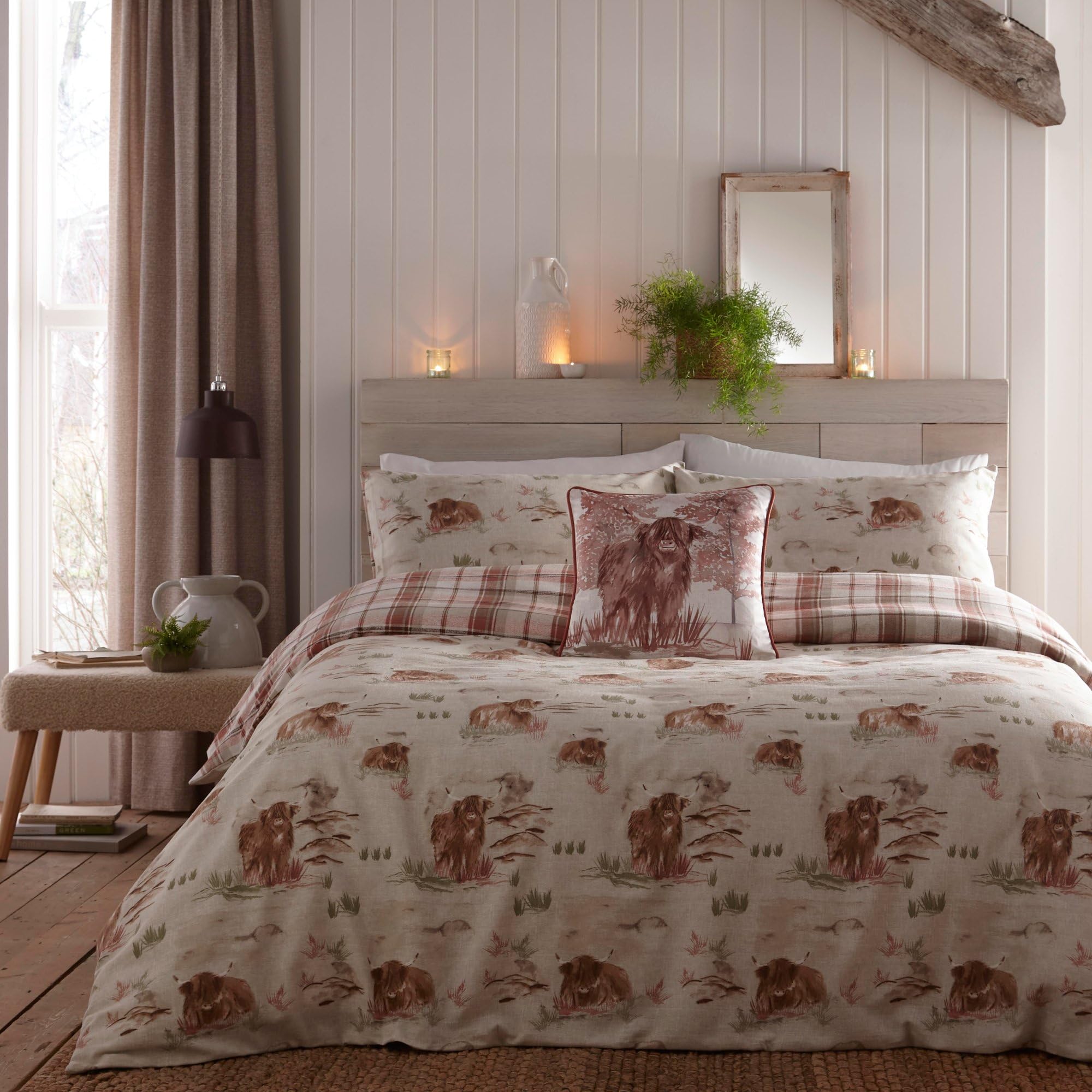 Dreams & Drapes - Highland Cow Duvet Cover Set - King Size (230 x 220cm) - 100% Brushed Cotton - Red Check Plaid Bedding - Woodland & Farmhouse Theme, Terracotta