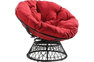 OSP Home Furnishings Wicker Papasan Chair with 360-Degree Swivel, Grey Frame with Red Cushion