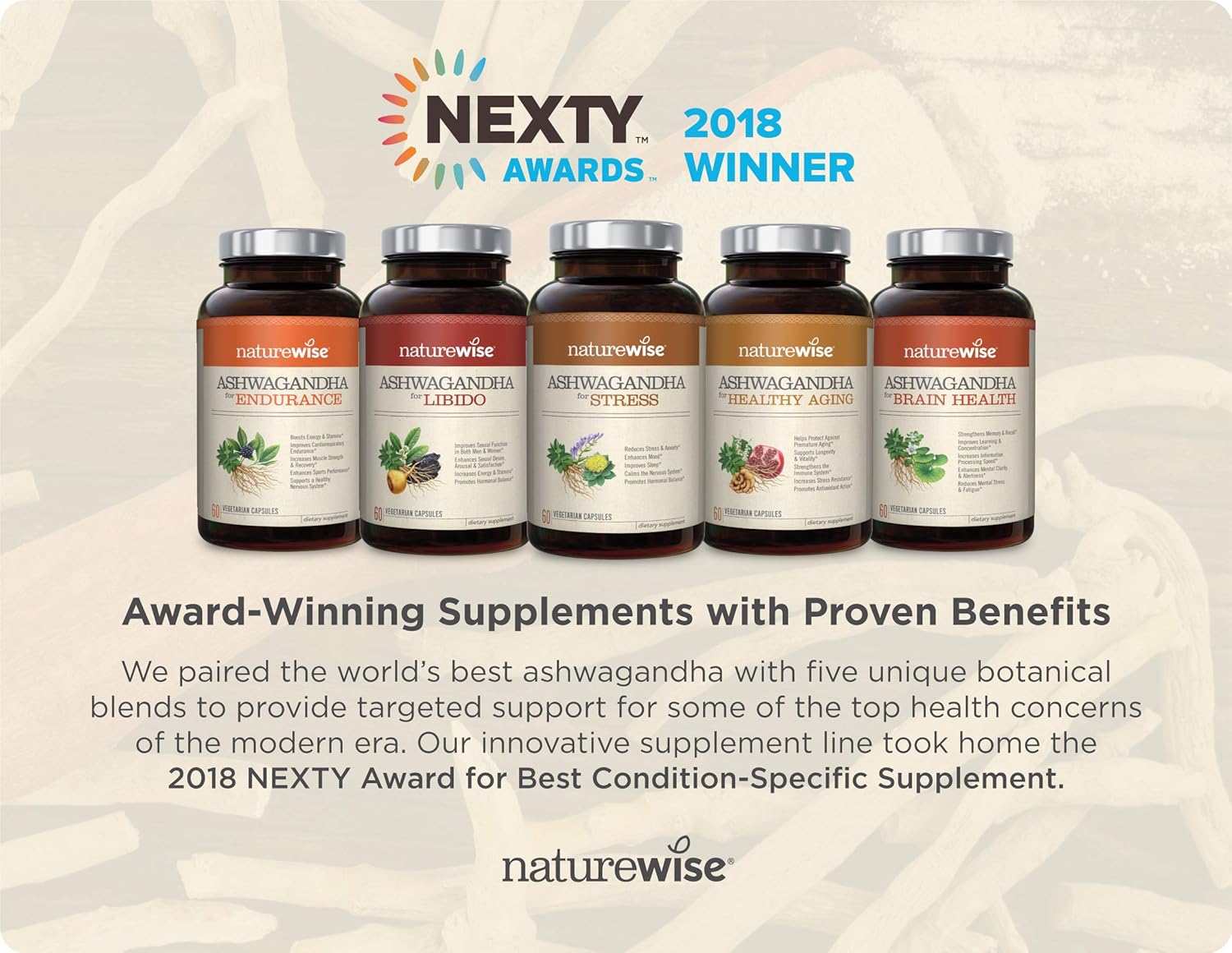 NatureWise Ashwagandha for Endurance, Adaptogen Adrenal Support Supplement with Organic KSM-66 Ashwagandha, Vitamins, Ginseng, and Green Tea Extract (Packaging May Vary) [1 Month Supply – 60 Capsules]: Health & Personal Care