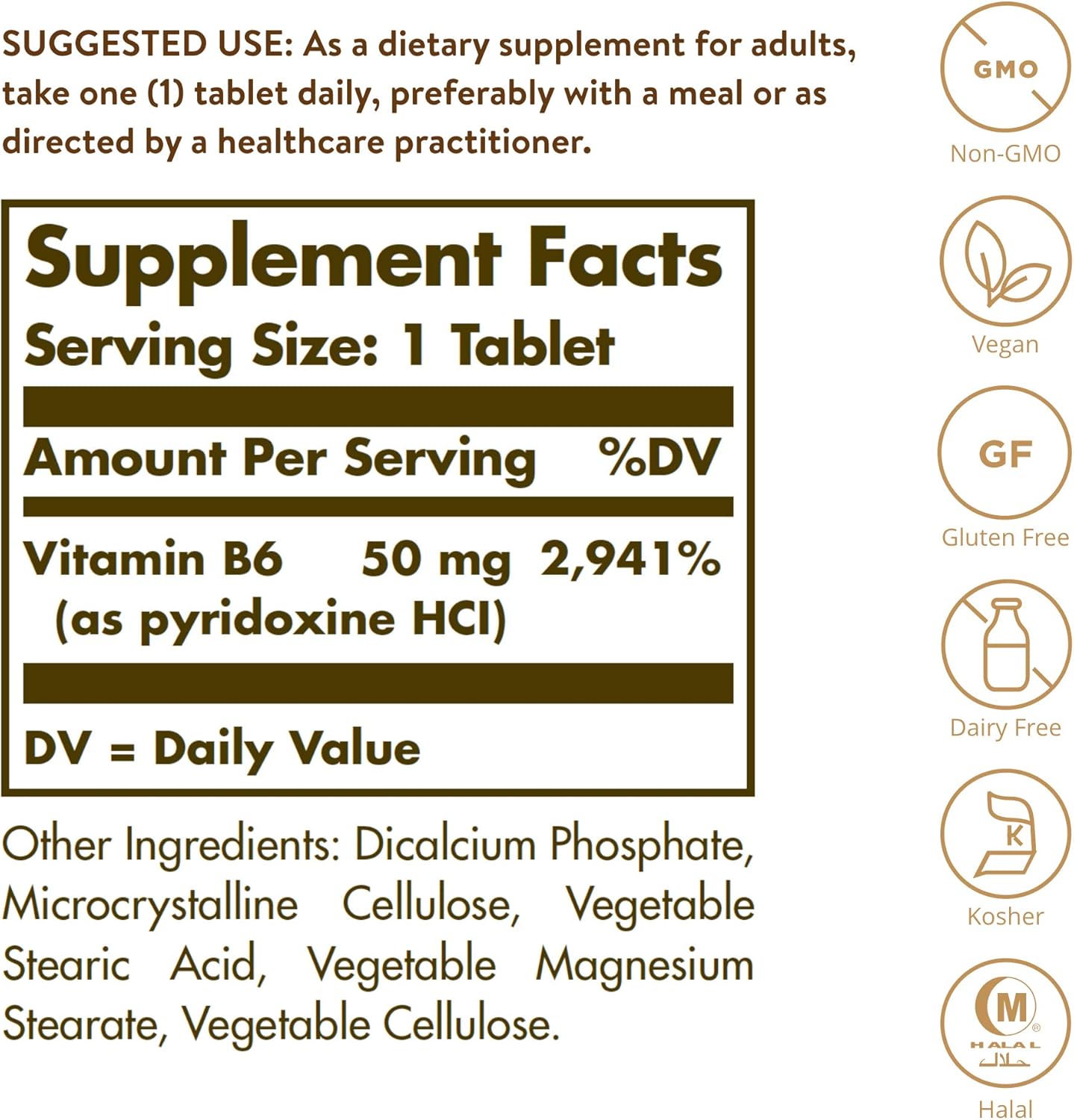 Solgar - Vitamin B6 50 mg, 100 Tablets: Health & Personal Care
