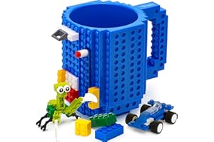 TOYAMBA Build-on Brick Mug BPA-Free Funny Mugs with 3 Packs of Building Bricks, Funny Cups for Kids - Creative Building Block Mug DIY Idea 16OZ (Blue)