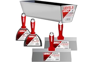 LEVEL5 Drywall Finishing Hand Tool Kit | 5, 6 Inch Joint Knives, 10, 12 Inch Taping Knives, 14 Inch Mud Pan | Stainless Steel Blades, Soft Grip Handles | Sheetrock Gyprock Plasterboard | 5-600