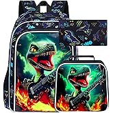 ZLYERT 16" Dinosaur Backpack for Boy, 3Pcs Bookbag for Elementary Preschool Kindergarten, Kids School Backpacks with Lunch Box (Black)