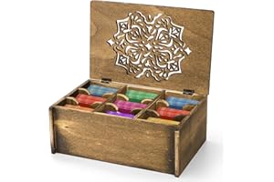 WRINGKIT Tea Storage Box Organizer, Wood Tea Box with 9 Compartments, Tea Chest with Floral Carved Lid, Tea Containers for As