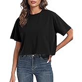PRIMODA Women's Oversized Workout Cropped T Shirts Crew Neck Short Sleeve Casual Loose Summer Crop Tee Tops Cotton