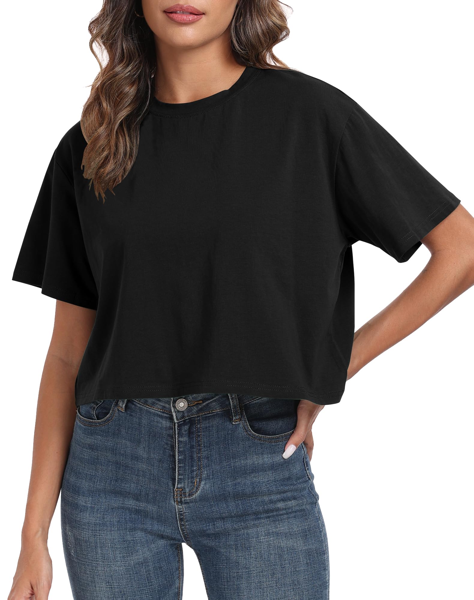 Photo 1 of PRIMODA Women's Oversized Workout Black Cropped T Shirts Crew Neck Short Sleeve Casual Loose Summer Crop Tee Tops Cotton, M