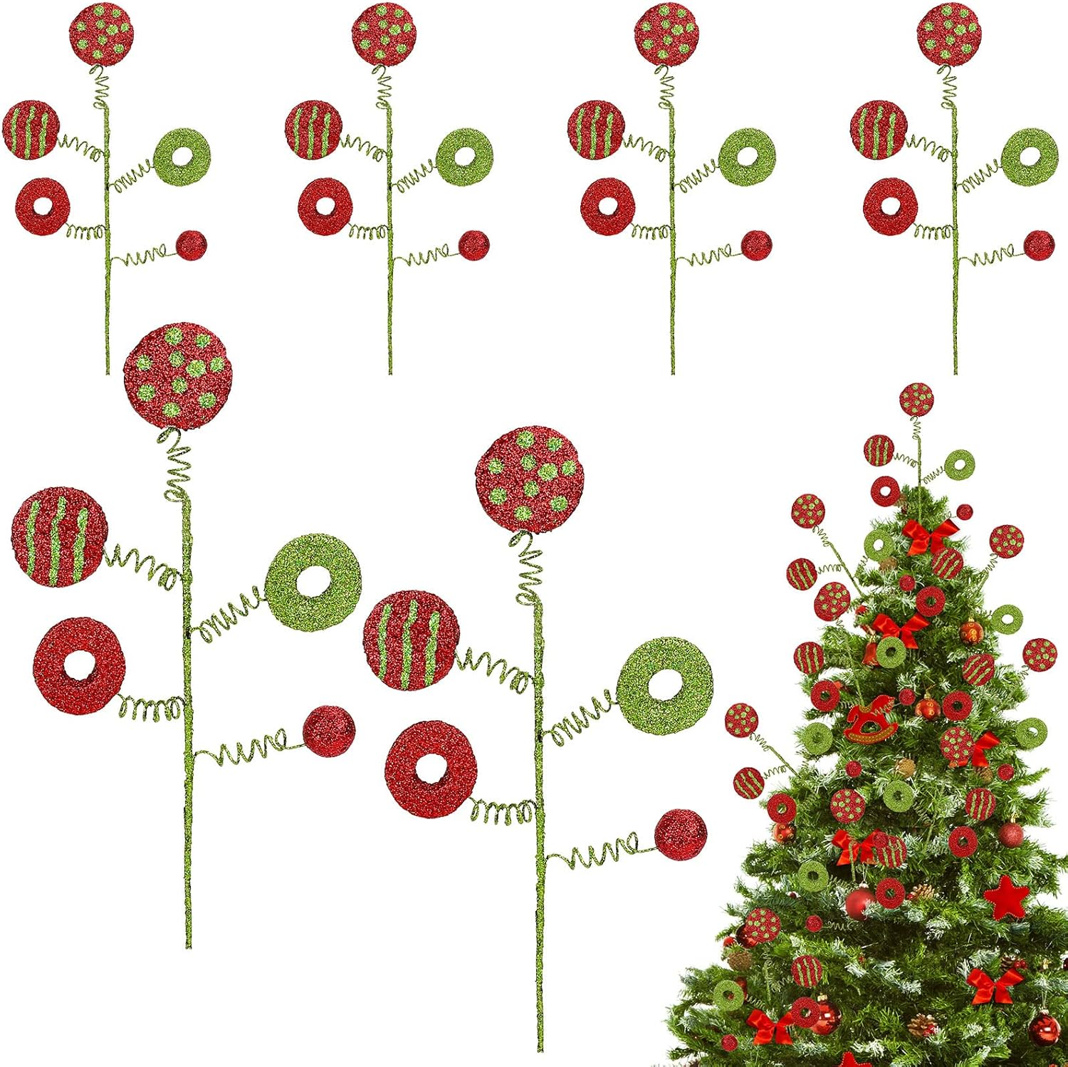Tree Toppers - Whaline 6Pcs Christmas Tree Picks Red Green Xmas Candy Lollipop Twig Curly Foam Picks Glitter Novelty Xmas Tree Topper Ornaments for Christmas Holiday Craft Wreath Vase Filler Home Party Supplies