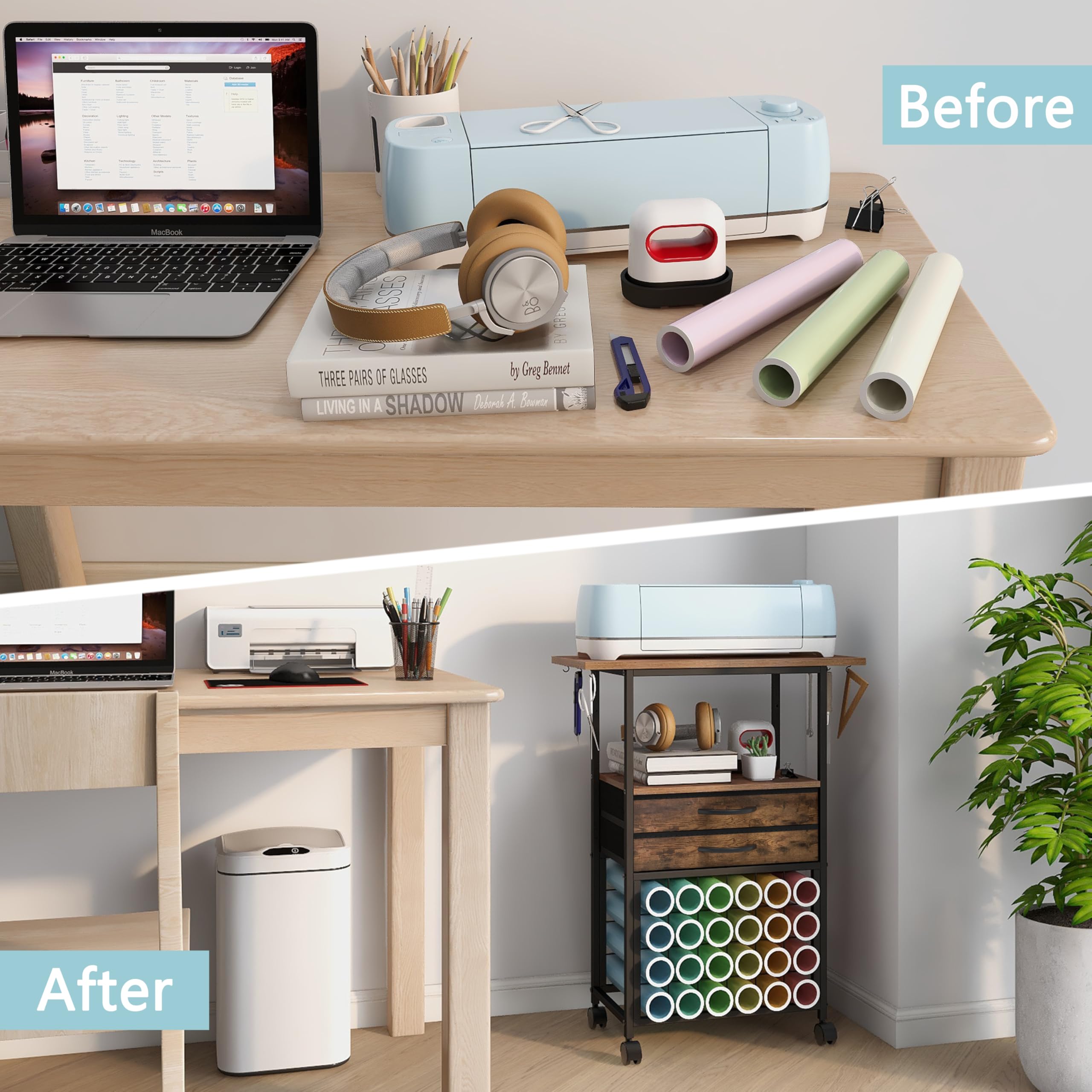 Organizer and Storage Stand Compatible with Cricut Machines,Rolling Storage Cart/Shelf with 24 Vinyl Roll Holders，2 Fabric Drawer,Accessories Holder,Tool Hook for Craft Room Home (Rustic Brown)