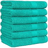Amazon Basics Fade-Resistant 100% Cotton Hand Towels for Bathroom, Soft Absorbent, 26 x 16 inches, Teal, 6-Pack