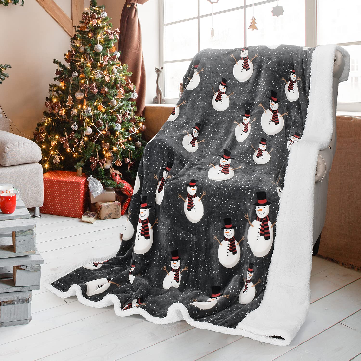 Catalonia Classy Christmas Throw Sherpa Blanket, Warm Soft Fluffy Sherpa Throw TV Blanket for Sofa, Extra Thick Warm Sofa blanket, Snowman Pattern, 200 x 150 cm