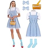POEWAUVE Halloween Adult Women Blue Plaid Dress Costume with Bows Socks Basket Book Storybook Character