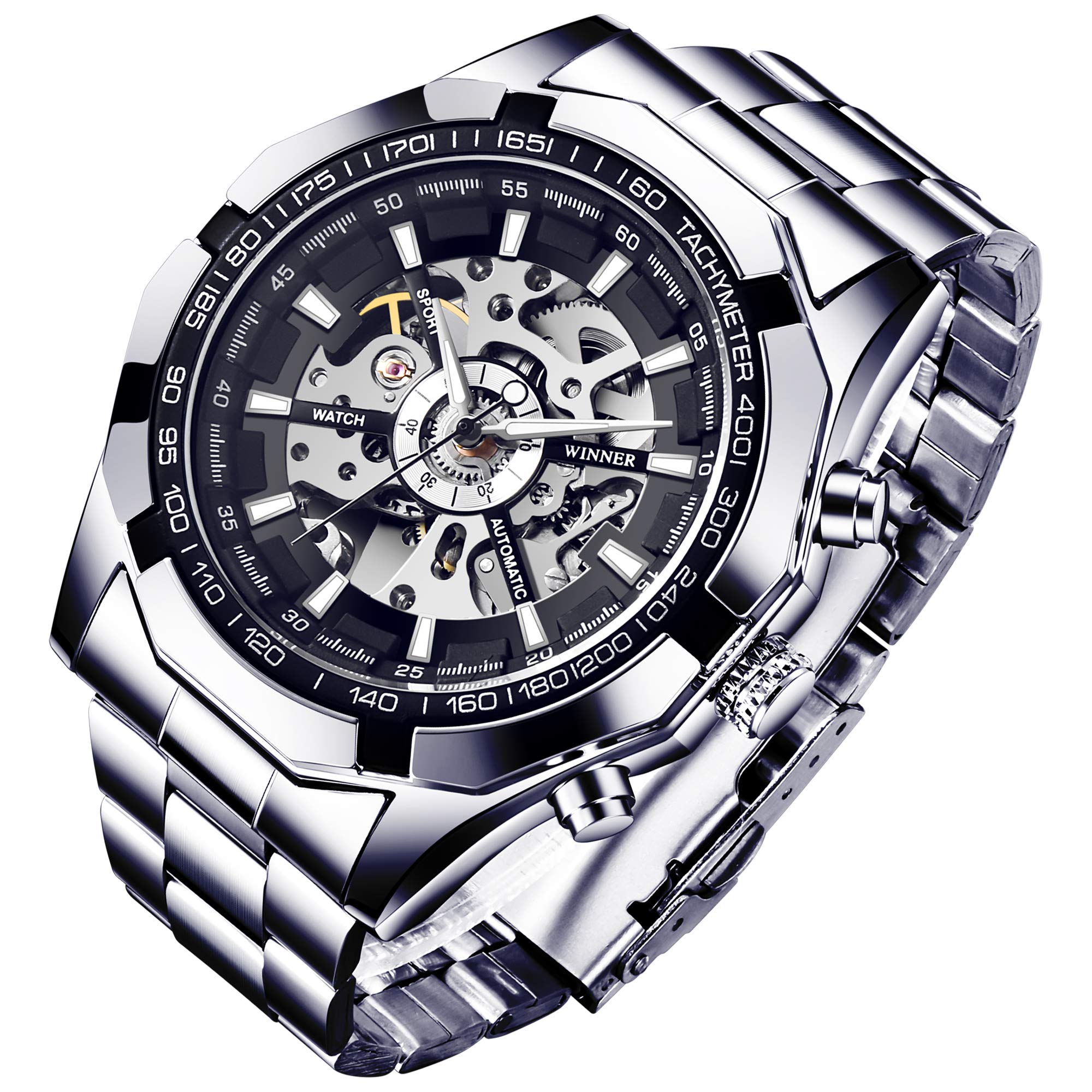 Gute Watch for Men,Men Automatic Mechanical Wristwatch Luminous Hands Skeleton Silver Black