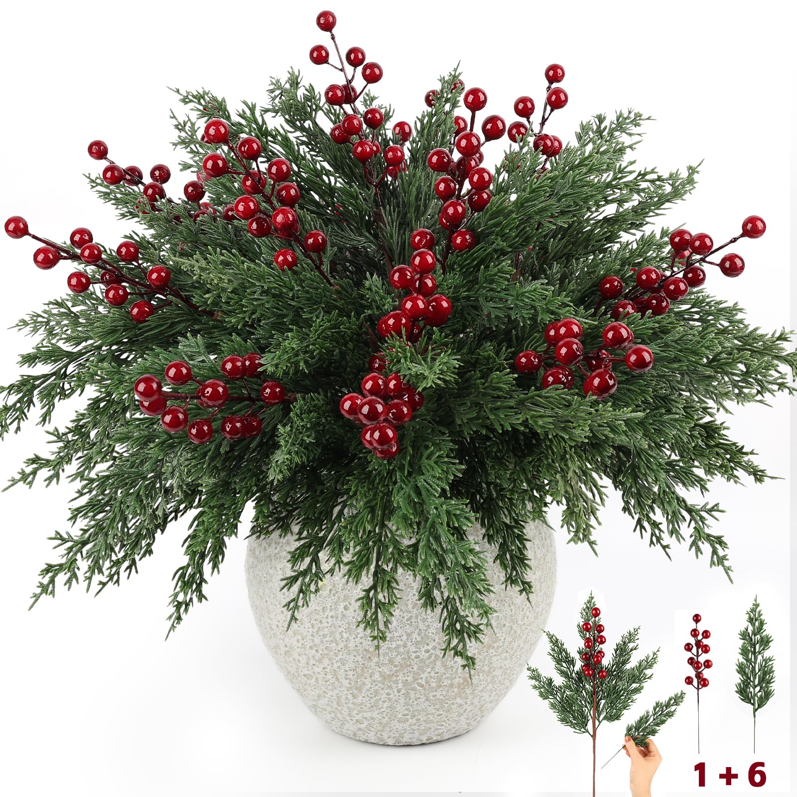 Photo 1 of 12Pcs/84Pcs Christmas Artificial Pine Branches with Red Berry Stems, 18‘’ Faux Evergreen Christmas Tree Picks, Cedar Cypress Leaves Stems for Xmas Decorations Indoor DIY Craft Garland Home Decor