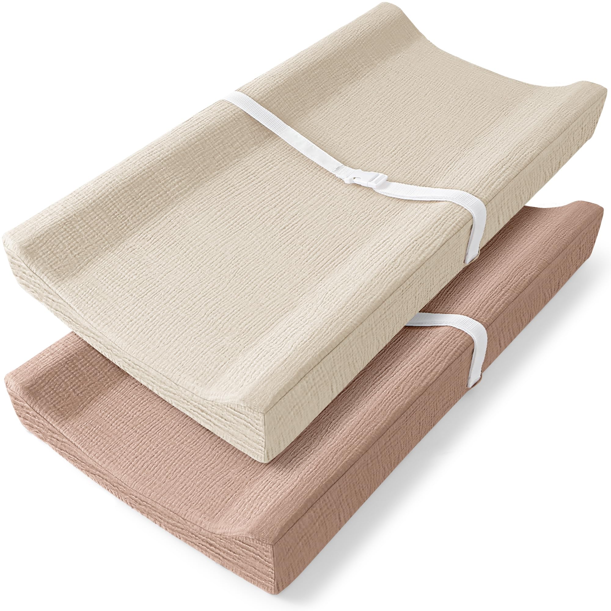 Photo 1 of Bearmoss Changing Pad Cover, 2 Pack Muslin [100% Cotton] Diaper Changing Table Covers, 32'' x 16'' Soft Breathable Changing Pad Sheets for Unisex Baby Girls and Boys with Strap Holes (Peanut)